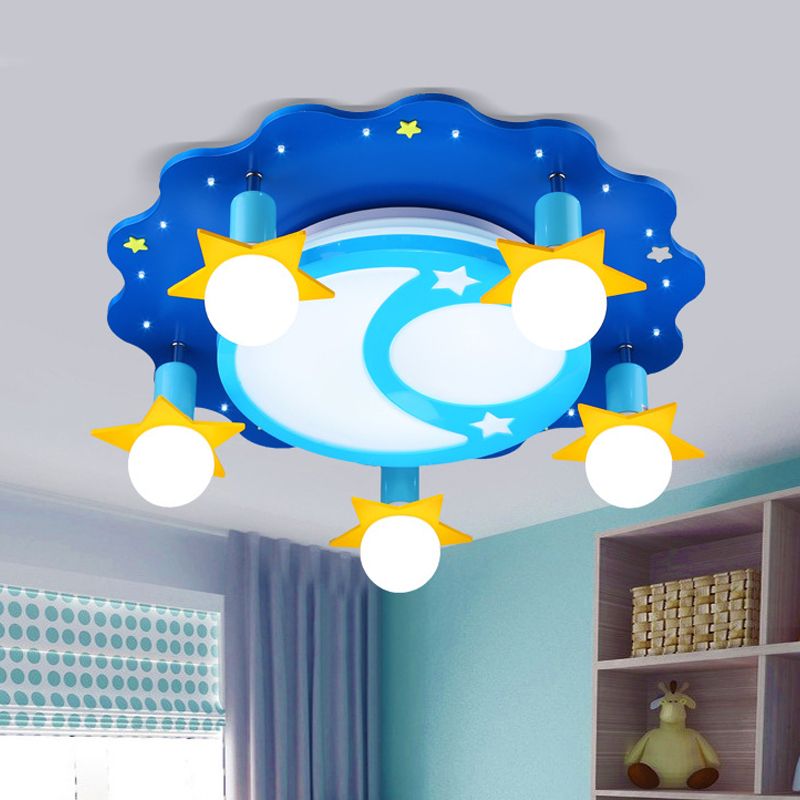 Crescent and Starry Sky Ceiling Flush Cartoon Opal Glass 5 Bulbs Nursery School Flush Mount Lighting in Blue