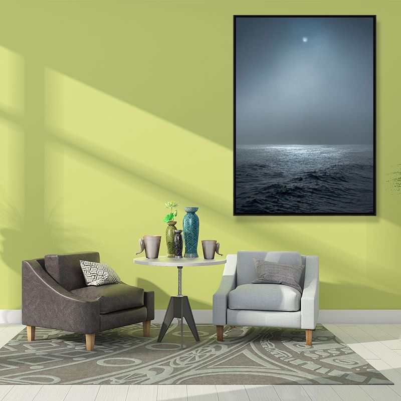 Photograph Style Modern Canvas Wall Art with Sea at Night Pattern in Blue for Bedroom