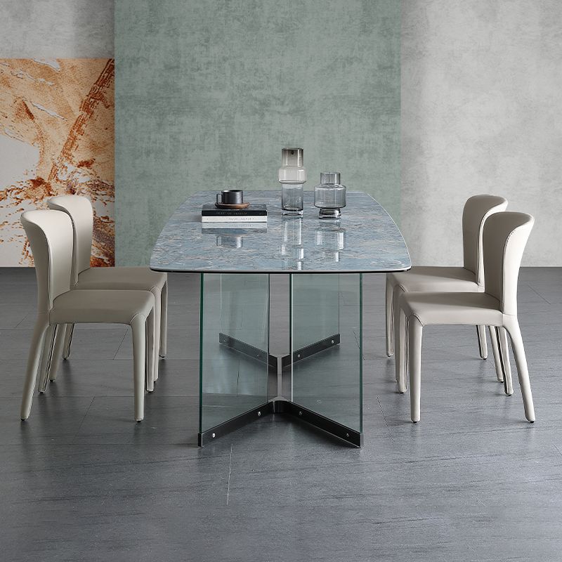 Blue Rectangle Sintered Stone Dining Table for 4/6 with Glass Base Dining Set for Restaurant