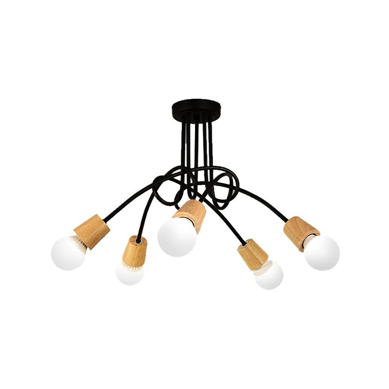 Metal Open Bulb Ceiling Light Fixture with Twisted Arm Loft Style 3/5 Lights Kitchen Semi Flush Pendentif Light in Wood