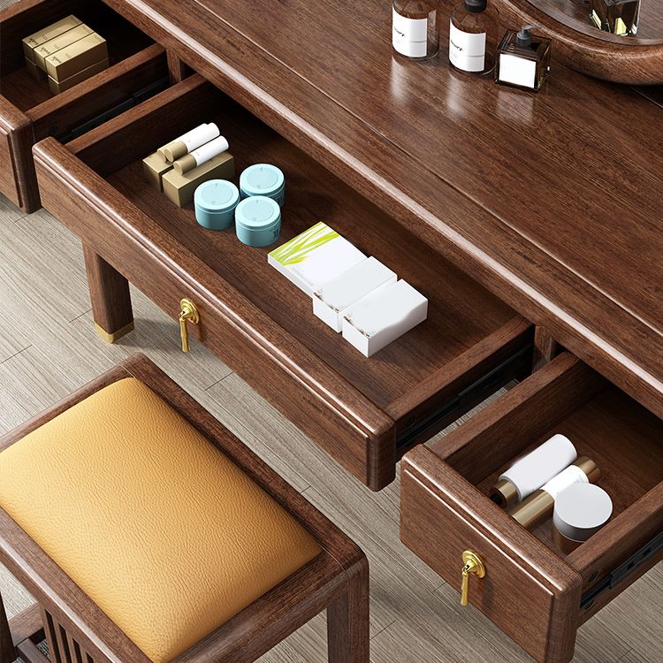 Traditional 3 Drawers Walnut Wood Mirrored Makeup Table Desk Vanity in Brown