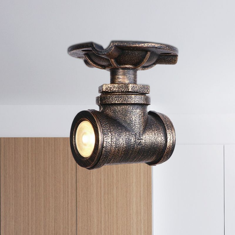 1 Light Metal Semi Flush Light Rustic Industrial Antique Brass Water Pipe Hallway Ceiling Mounted Light