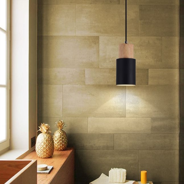 Wooden Cylindrical Single Pendant Light in Modern Concise Style Aluminium Macaron Hanging Lamp