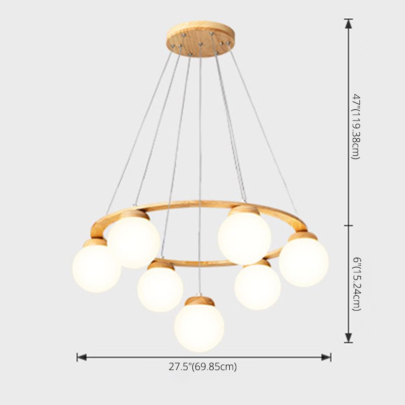 Wooden Circle Chandelier Nordic Style Hanging Light with Ball White Glass Shade