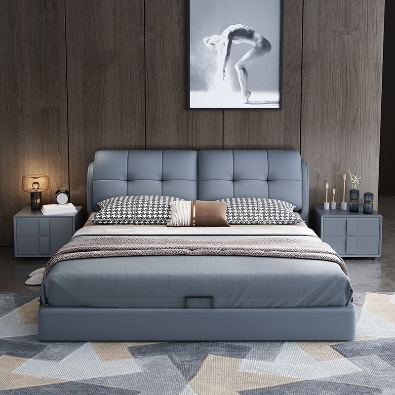 Contemporary Faux Leather Standard Bed, Blue Upholstered Headboard Bed