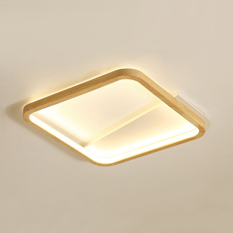13"/17" Wide Bedroom LED Ceiling Fixture Simple Beige Flush Mount Light with Fillet Square Wood Frame