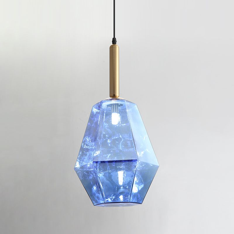 Diamond Blue Glass Hanging Light Kit Contemporary 1 Light Brass LED Pendant Light Fixture