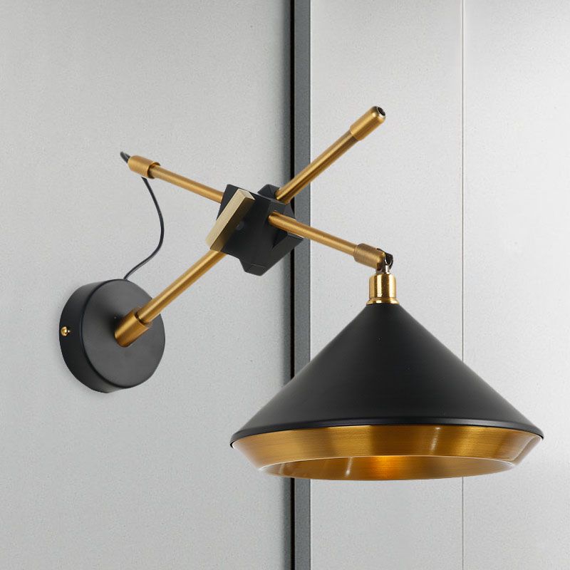 Retro Conical Swivelable Wall Light 1 Head Iron Sconce Lighting in Black/White and Brass Inner with X Arm