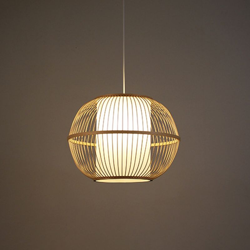 Spherical Bamboo Hanging Lamp Asian 1 Light 10"/14"/18" Wide Beige Suspended Lighting Fixture with Interior Shade