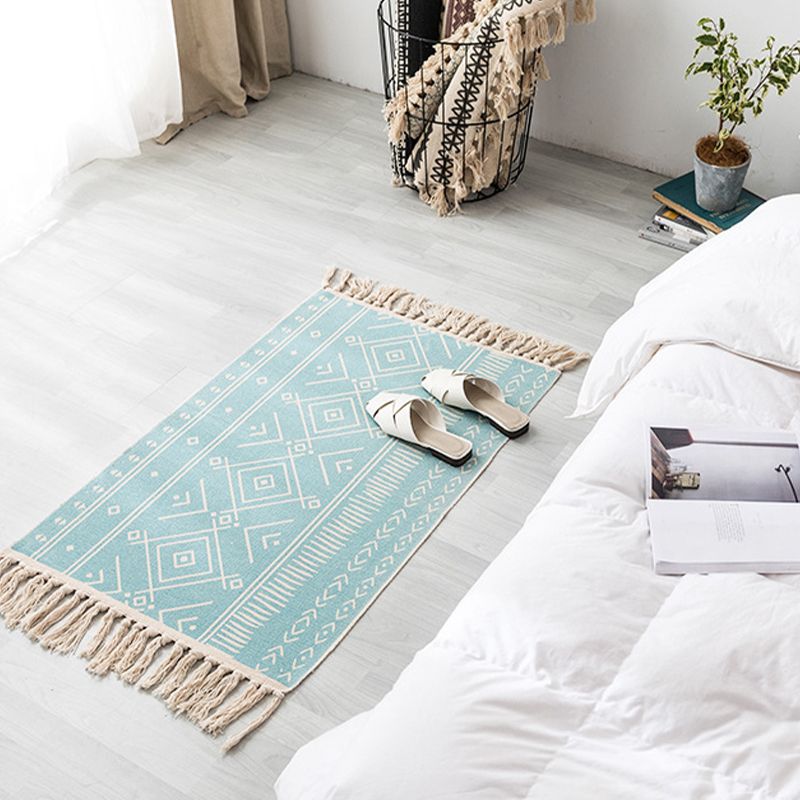 Contemporary Carpet Geometric Print Cotton Linen Area Carpet Rectangle Bedroom Tassel Rug