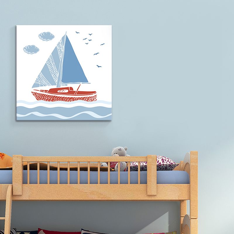 Cartoon Sailboat Wall Art Print Boys Bedroom Canvas in Blue, Multiple Sizes Available