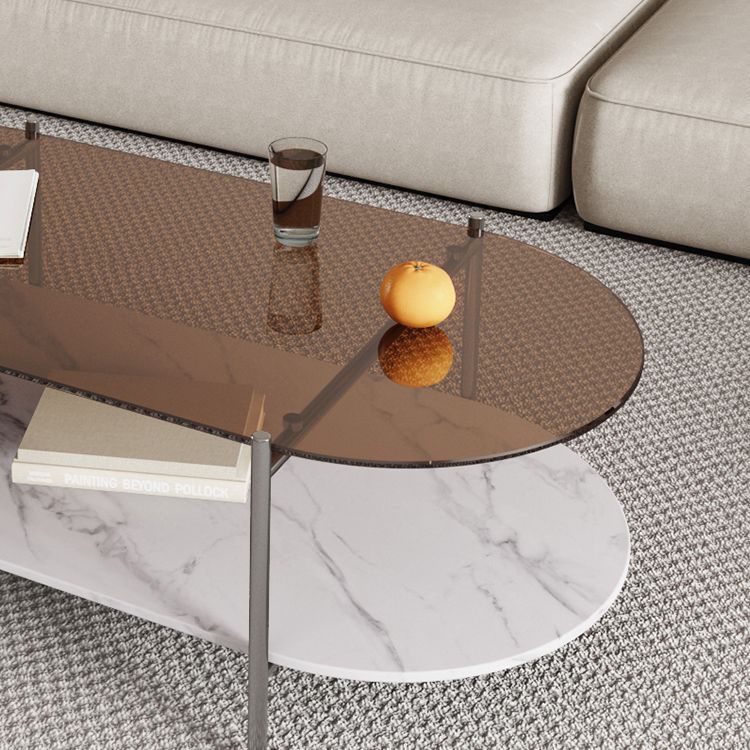 15.74" H Oval Glass Coffee Table Stainless Steel Sled Cocktail Table with Shelf