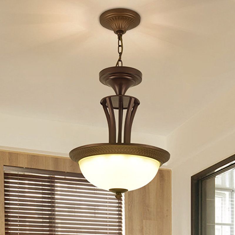 3 Light Chandelier Light with Bowl White Glass Shade Traditional Living Room Ceiling Lamp in Bronze