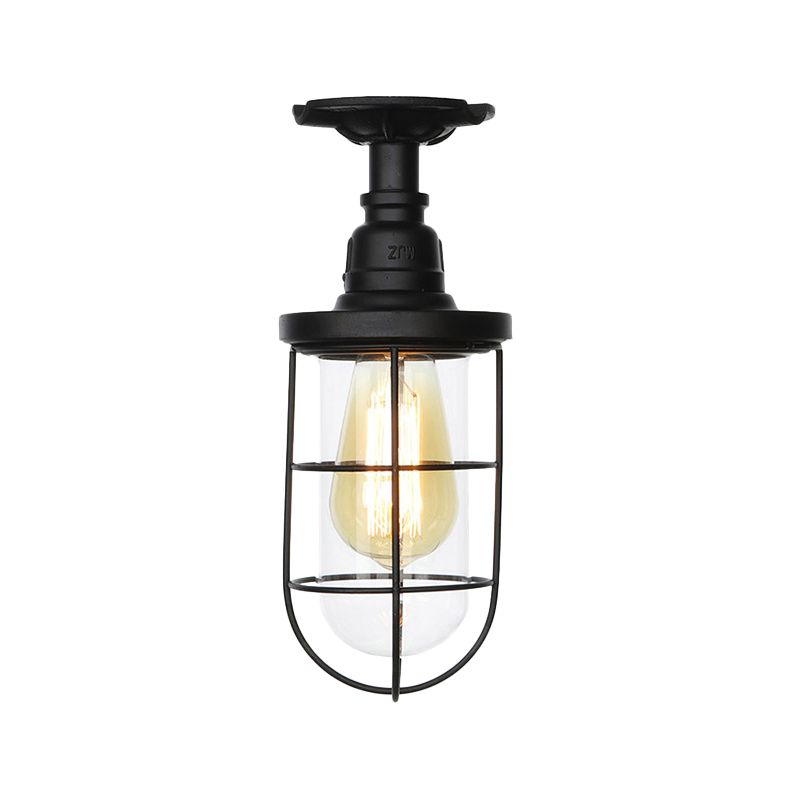 1-Head Caged Semi Flushmount Antiqued Black Iron Flush Ceiling Lamp with Clear Glass Shade