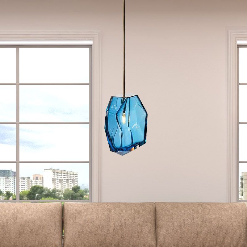 Gem Pendant Light Fixture Contemporary Blue Glass 1 Head Bedroom Hanging Ceiling Light