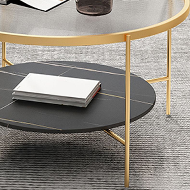 Modern Style Round Glass Table Plate Metal 4 Legs Base with Storage Rack Coffee Table
