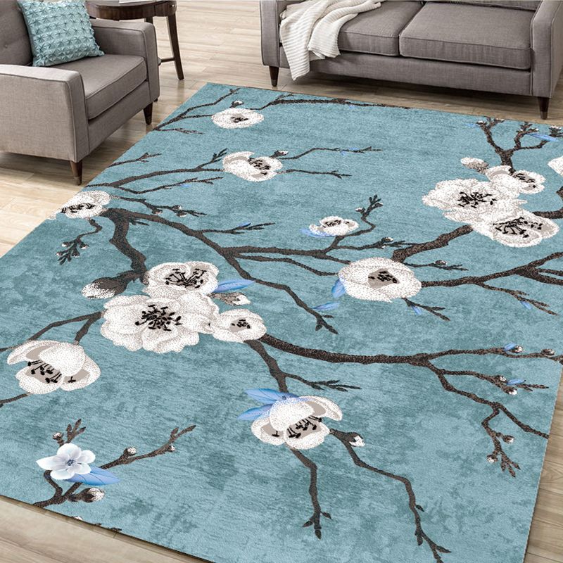 Multi Color Living Room Rug Asia Plant Print Carpet Polyster Pet Friendly Easy Care Indoor Rug