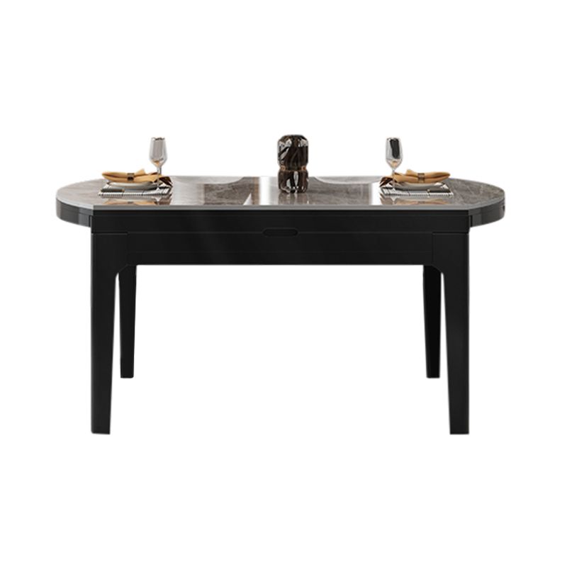 Modern Round Grey Stone Top Extendable Retractable Dining Table with 4 Rubberwood Black Legs