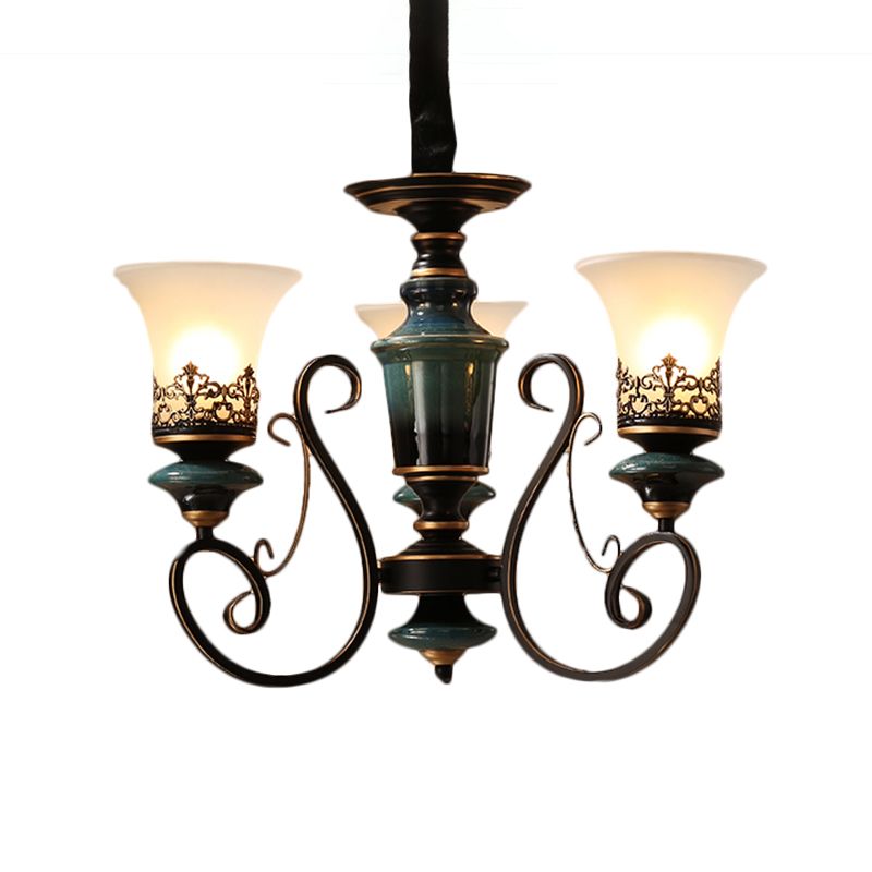 3/5/6-Bulb Chandelier Light Fixture with Bell Shade Opal Glass Rural Guest Room Suspension Pendant in Black-Gold