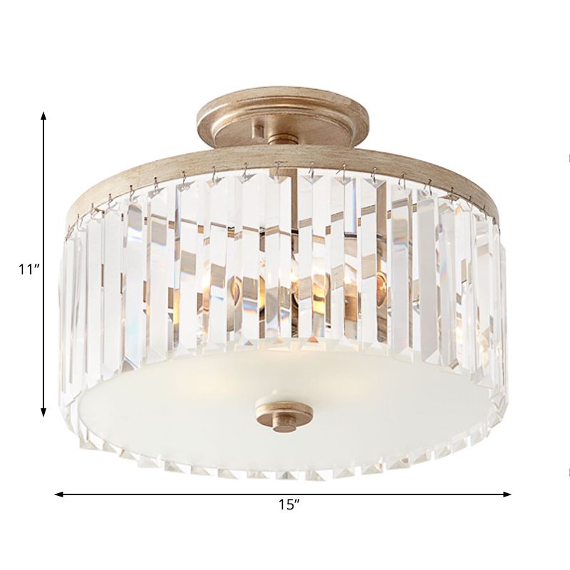3 Lights Clear Crystal Block Ceiling Light Vintage Drum Bedroom Semi Flush Mounted Light
