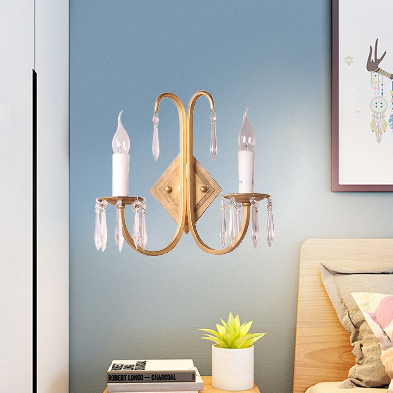Metallic Candle Wall Lighting Feature Rustikale 2 Lichter Esszimmer Leuchter in Gold mit Kristalltropfen