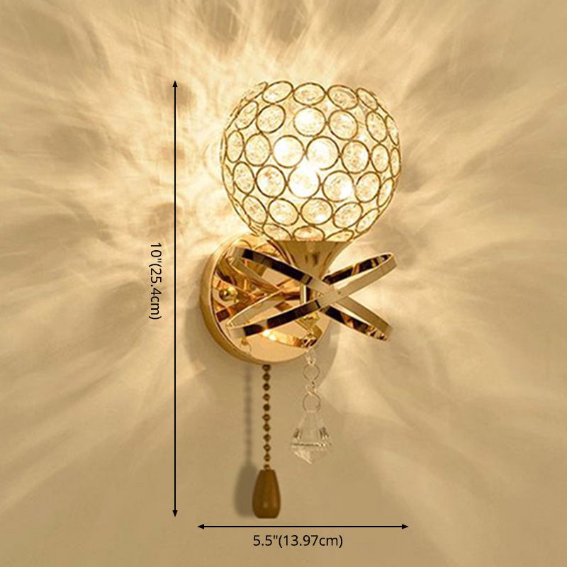 Modern Pull-Chain Wall Lamp Gold Global Wall Mounted Light with Crystal Shade