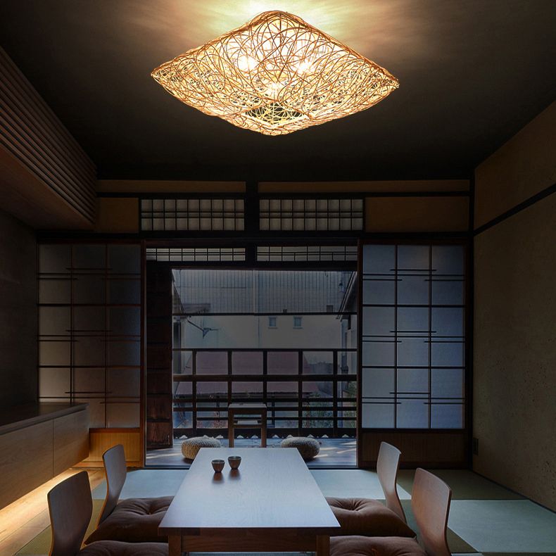 Asian Square Flush Mount Lighting 3-Light Rattan Flush Mount Ceiling Lights for Living Room