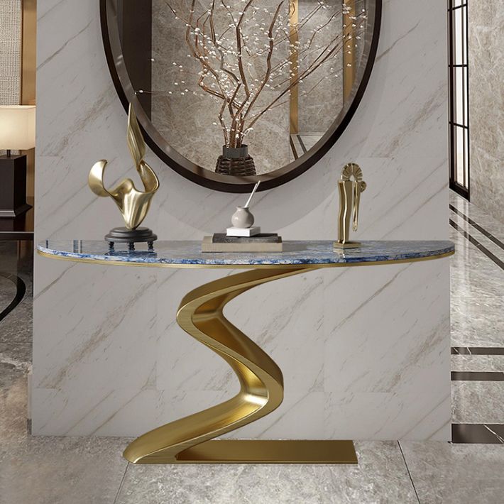 Glam Blue Console Table Half Moon Console Sofa Table for Hall