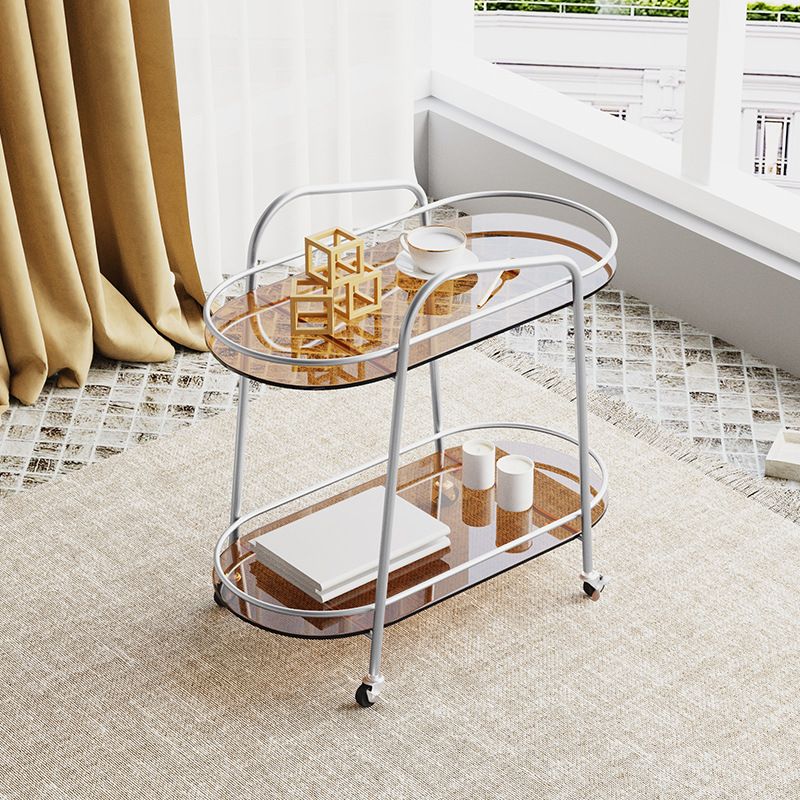 Modern Oval Glass Side Table End Table Metal Base Side Table with Shelf and Wheel
