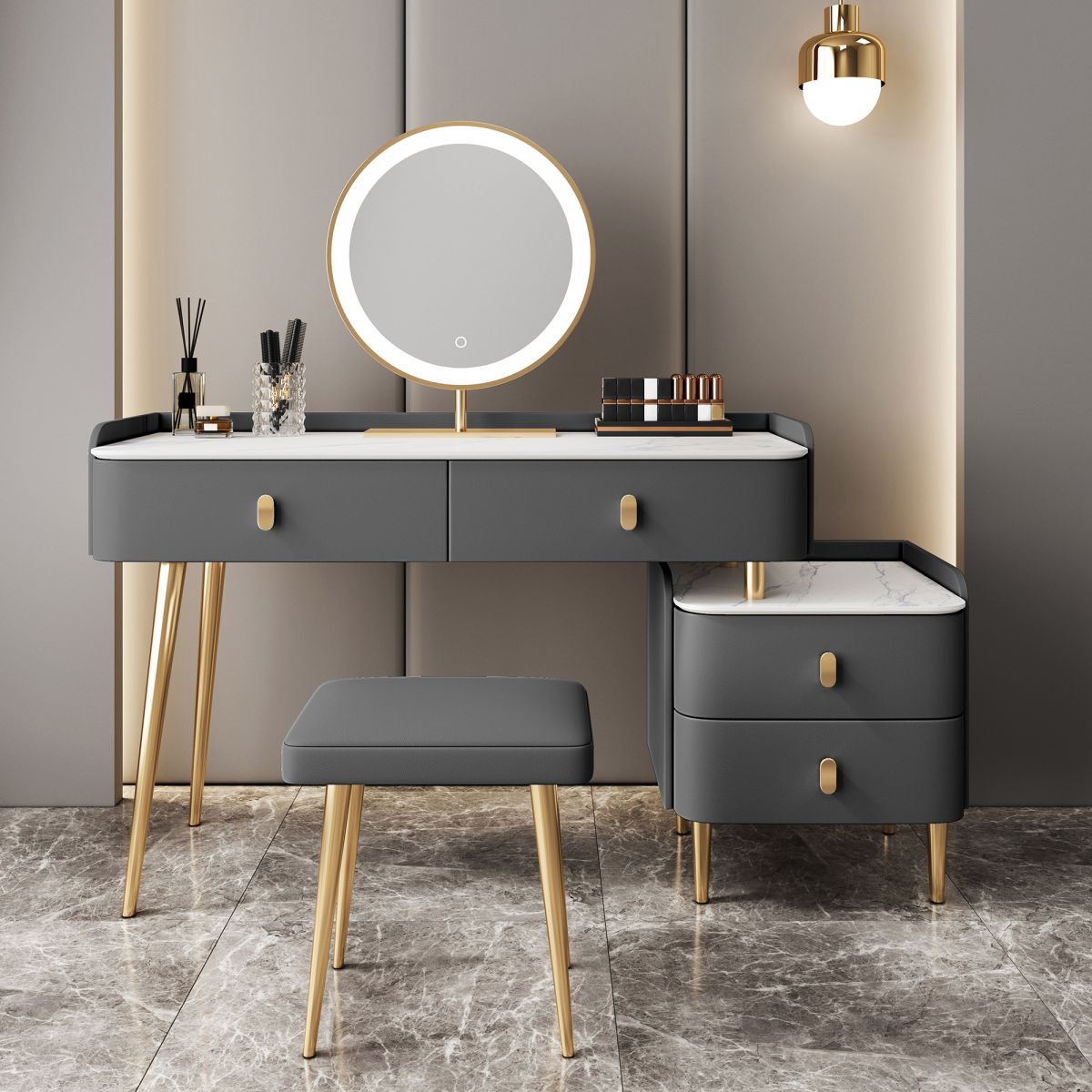 Modern with Drawer Lighted Mirror Solid Wood Bedroom Vanity Dressing Table