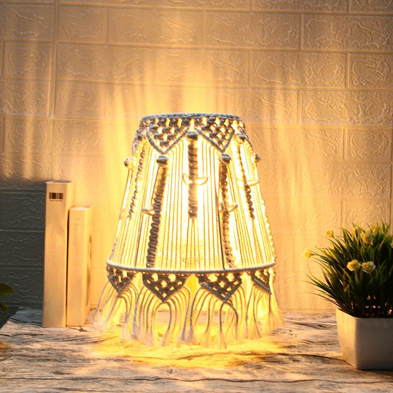 1 Kopf Nachttisch Lampe Country Tapered gewebte Seiltischleuchte mit Quastenrand in Gelb für Schlafzimmer