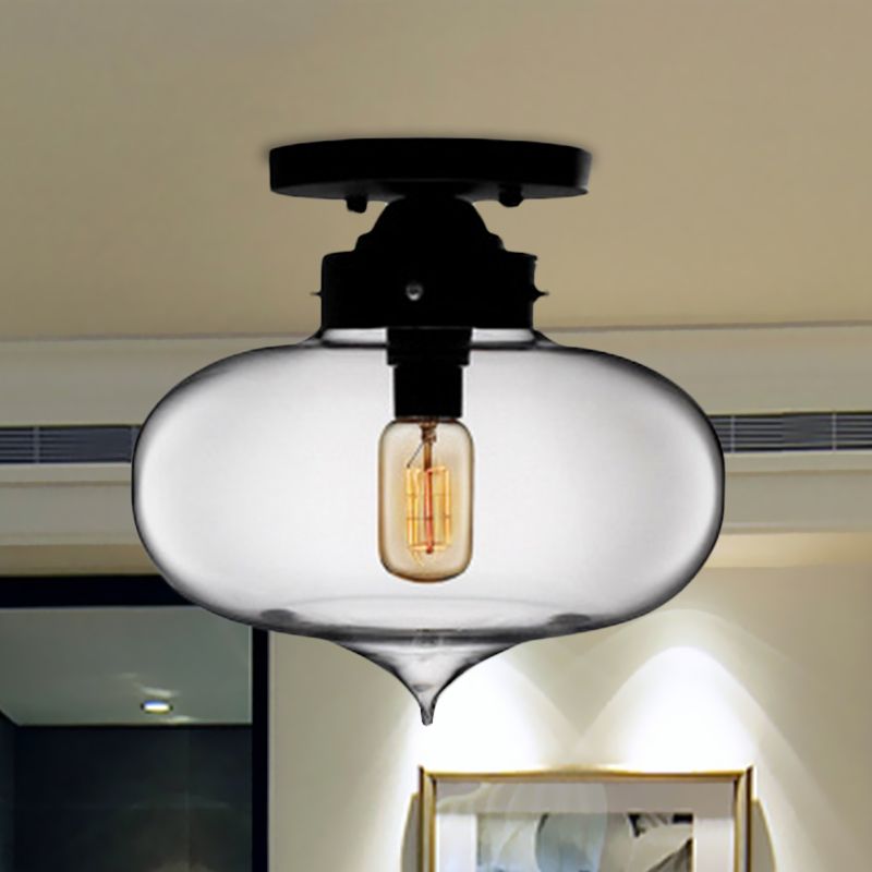 Black One Light Ceiling Mount Industrial Red / Brown / Amber Glass Oval Shade Semi Flush Light for Dining Room
