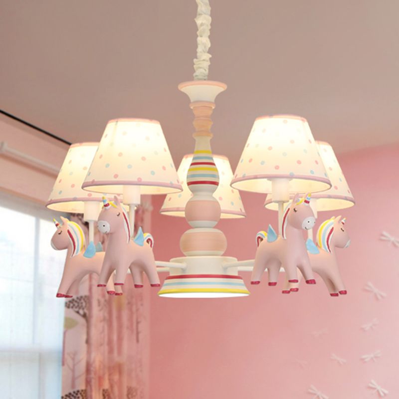 Resin Rainbow Unicorn Chandelier Lighting Cartoon Pink Pendant Light with Tapered Fabric Shade