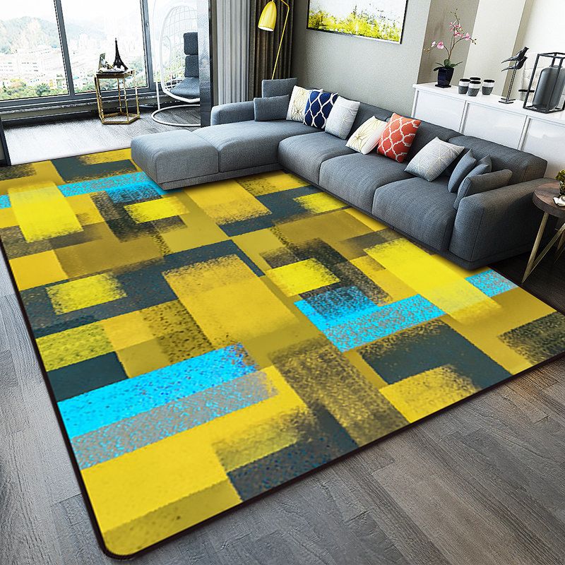 Black and Yellow Bedroom Rug Modern Abstract Painting Pattern Area Rug Polyester Washable Carpet