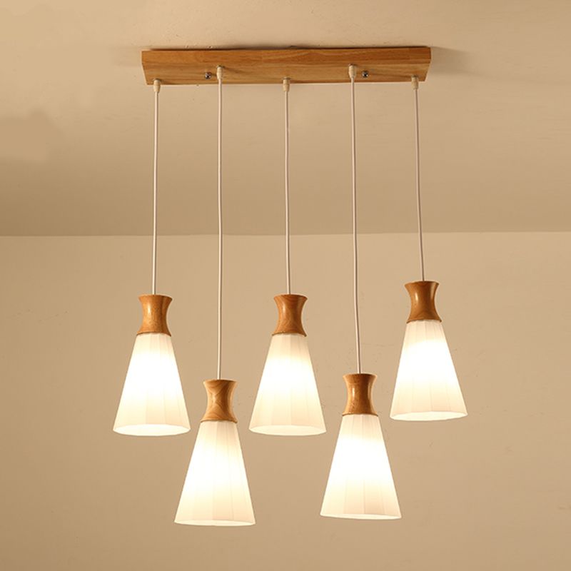 Moderne künstlerische geometrische hängende helle hölzerne Innenlampe mit weißem Glasschatten