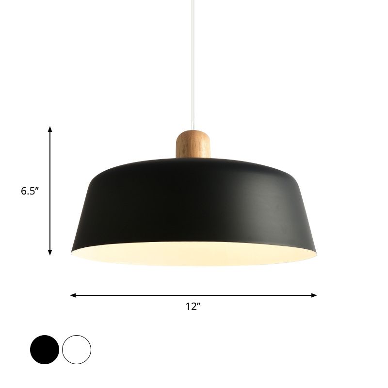 Black/White Flat-Bowl Shaped Pendant Nordic Metal 1 Light Ceiling Hang Lamp with Wood Top