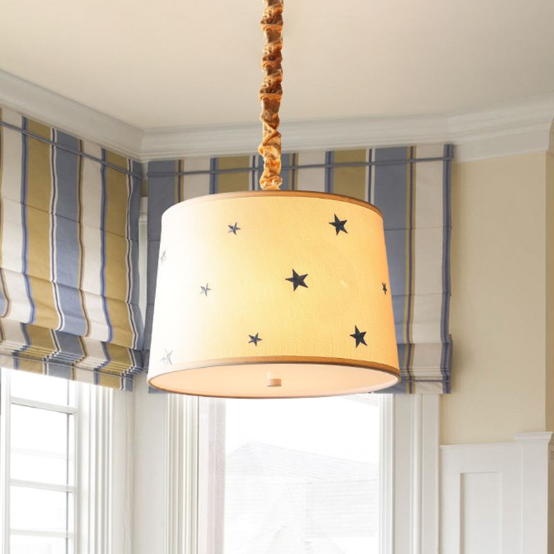 Drum Fabric Chandelier Light Fixture Kids 5 Bulbs Beige Suspension Lighting with Star Pattern for Bedroom