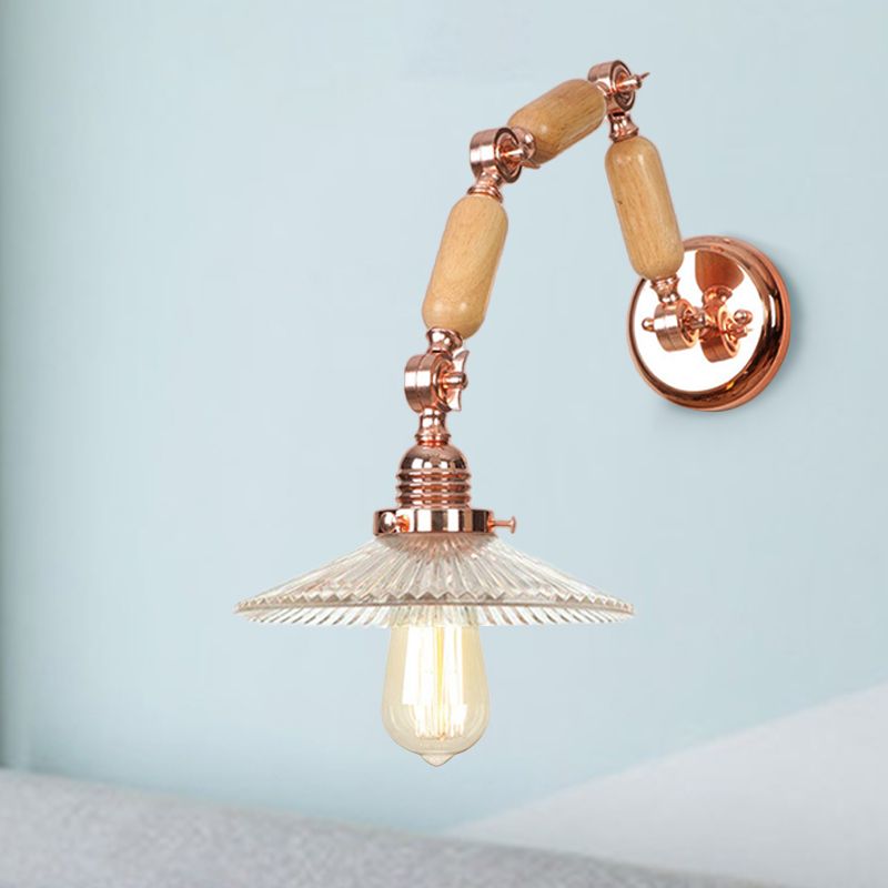 1 Light Scalloped Sconce Light Fixture Industrial Clear Ribbed Glass Wall Lamp for Living Room with Arm