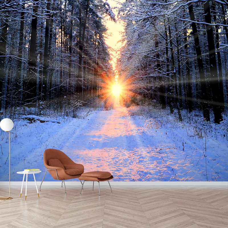 Sunset Snowy Forest Path Mural Modernist Non-Woven Wall Art in Grey for Living Room