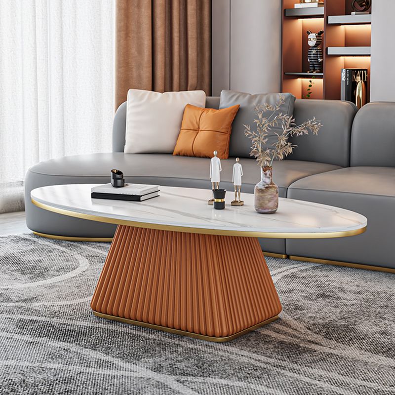 15.7"Tall Iron Pedestal Black/ White Oval Slate Top Coffee Table