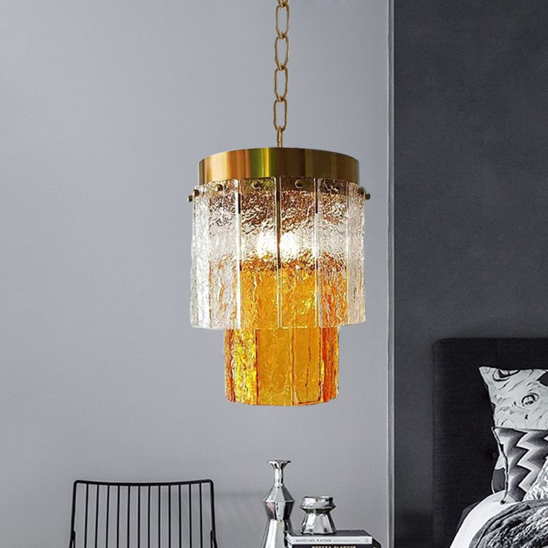 2-Tiered Dining Room Hanging Light Fixture Yellow Textured Glass 1 Head Minimal Style Pendant Lamp
