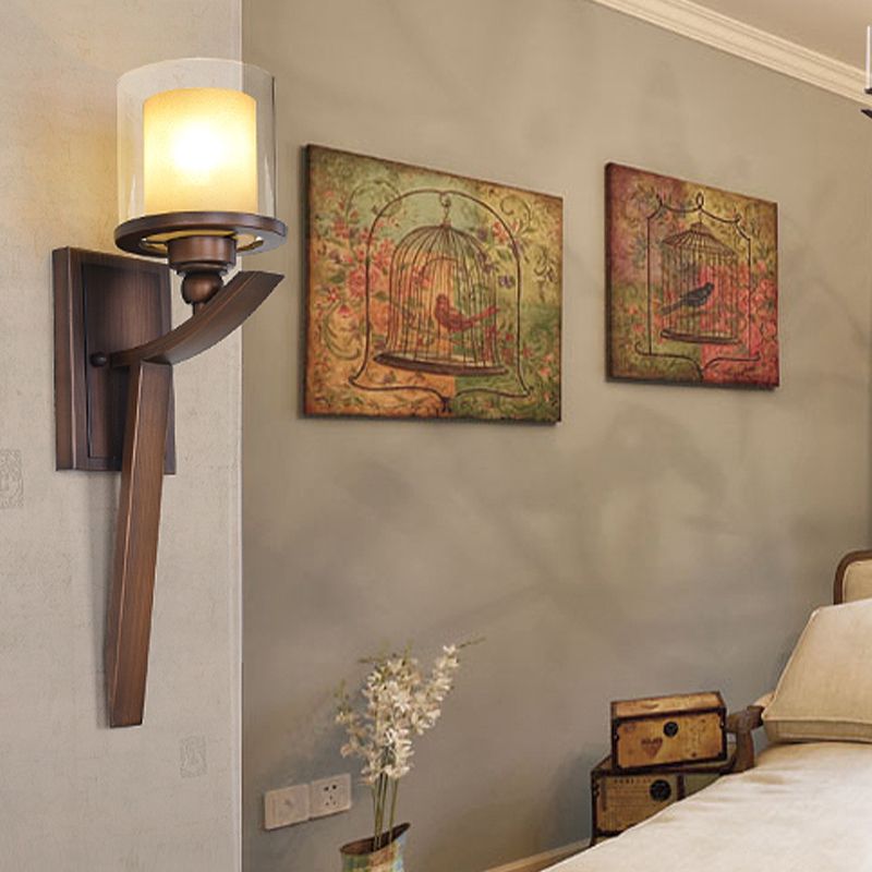 Double-Layer Glass Brown Wall Cylinder 1-Bulb Vintage Wall Light Fixture for Bedroom