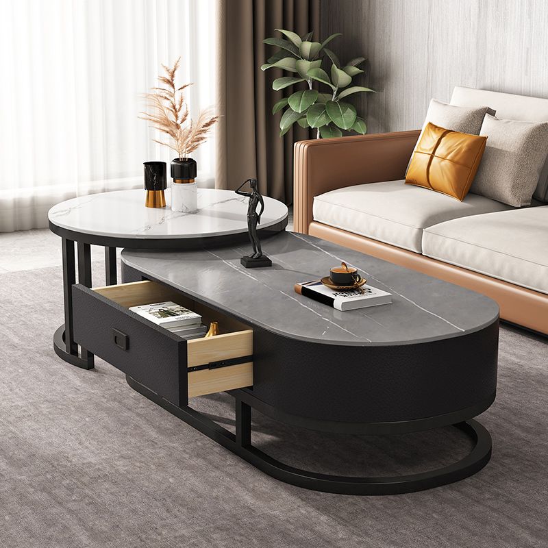 Slate Coffee Table Oval Nesting Coffee Table Set with Metal Legs