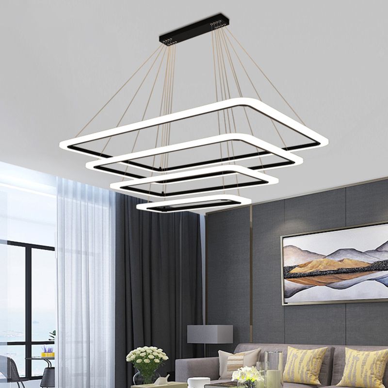 4-Tier Rectangular Living Room LED Suspension Light Acrylic Nordic Style Chandelier Light in Black