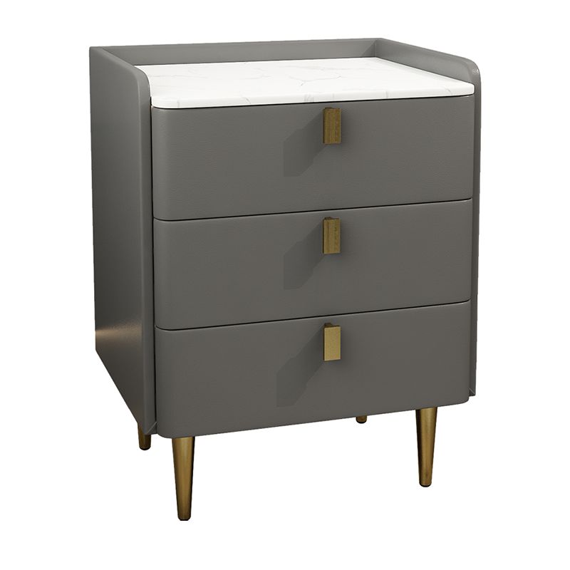 Faux Leather Nightstand Modern 3 - Drawer Nightstand with Stone Top