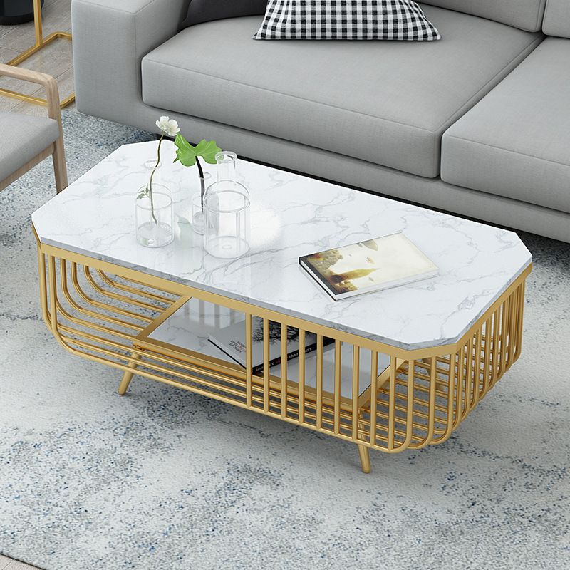 39.37" L Rectangle Slate Coffee Table Iron 4 Legs Cocktail Table with Shelf