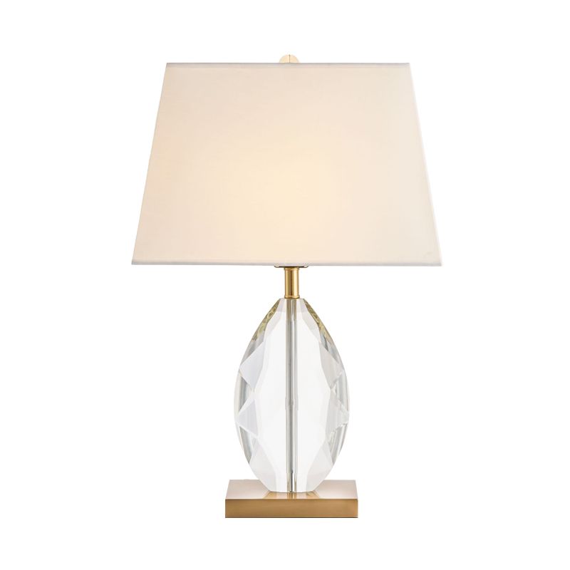 Bulbe unique table ovale lumière lampe de nuit en cristal blanc traditionnel avec de l'ombre en tissu trapézoïdal