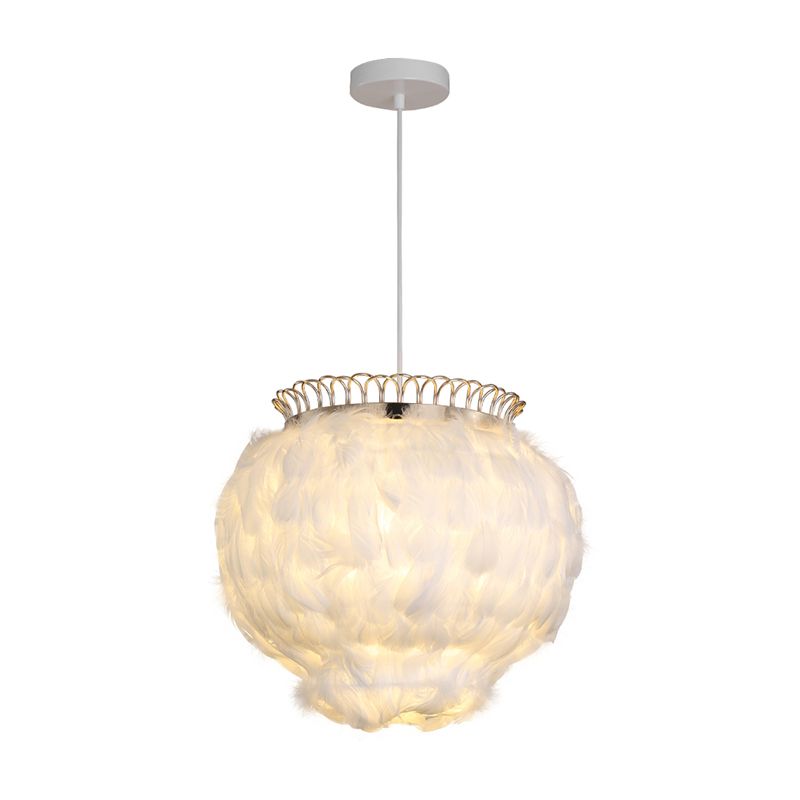 Globe Hanging Ceiling Lantern Minimalist Feather 3-Bulb White Pendant Light for Bedroom