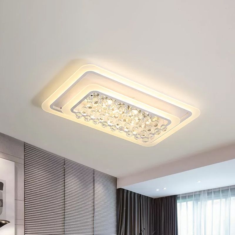 Rectangle Acrylic Flush Mount Lamp Contemporary LED White Ceiling Flush in Warm/White Light with Crystal Accent for Living Room
