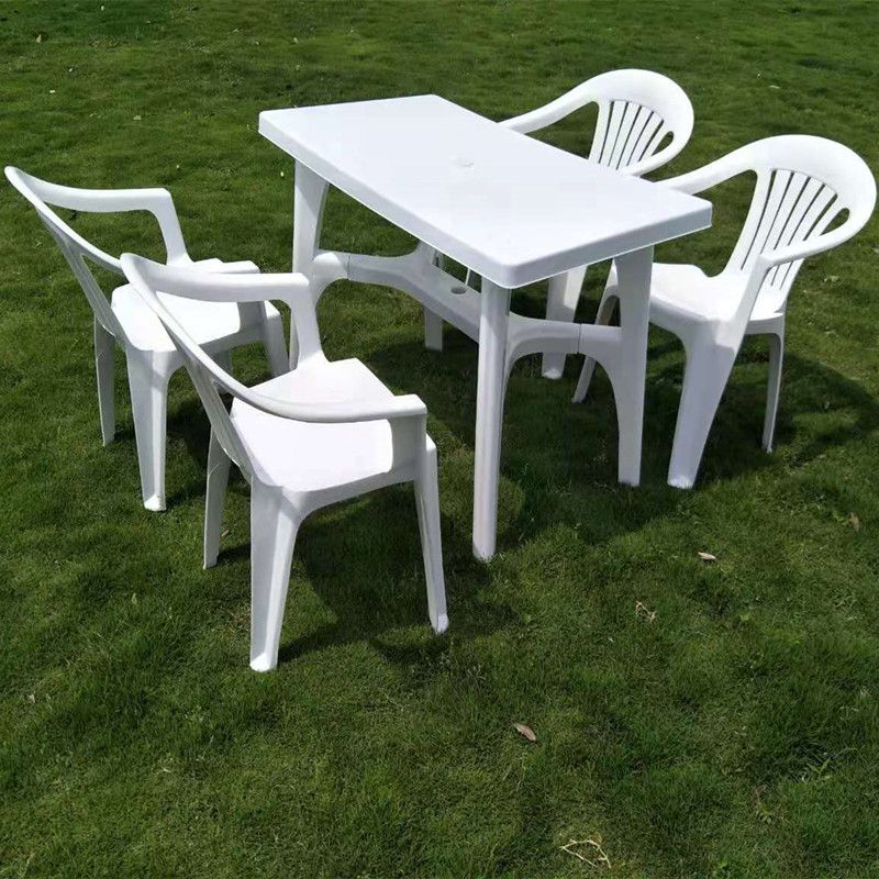 Plastic Outdoor Dining Table Modern White Patio Table with Umbrella Hole